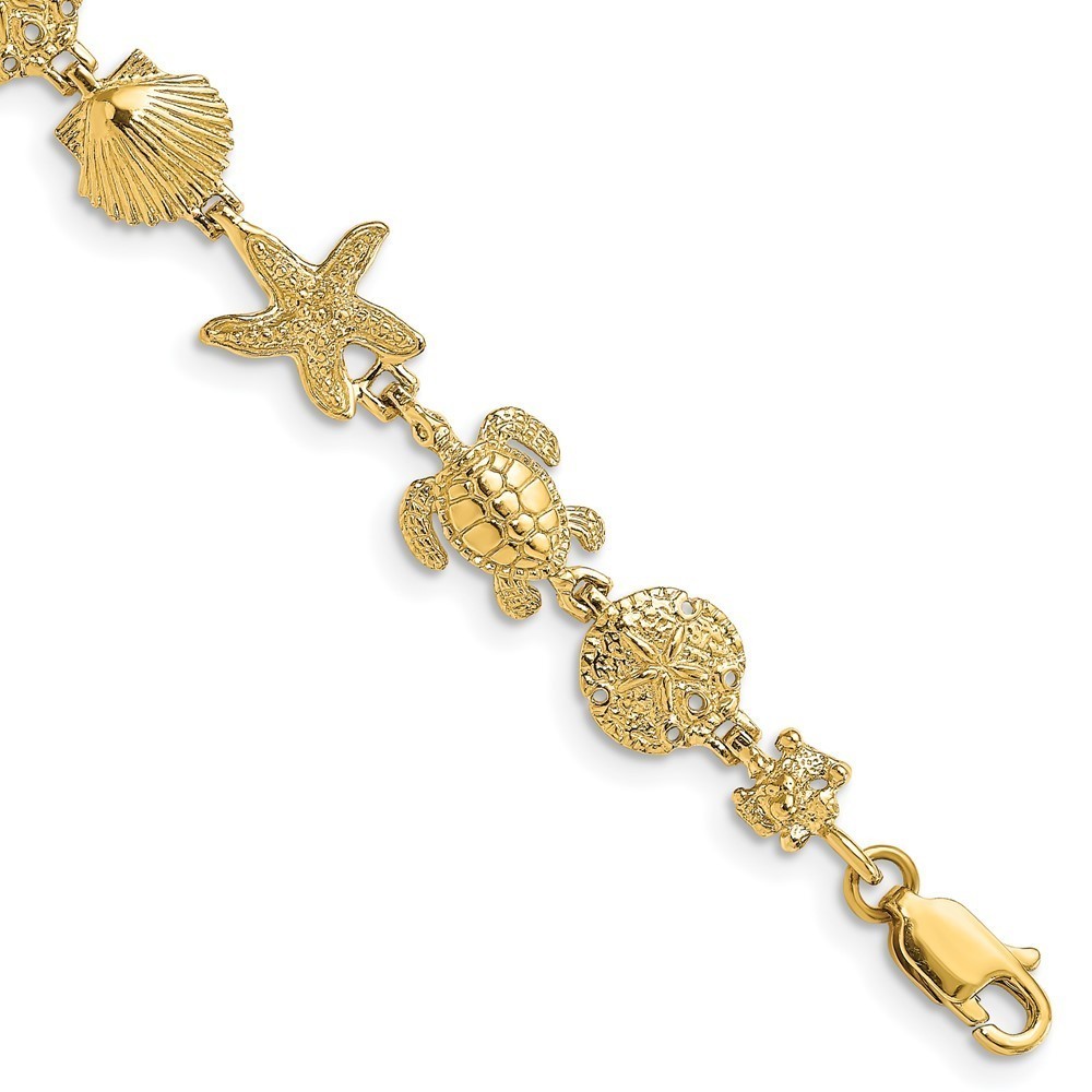 14k Yellow Gold Polished Turtle, Sand Dollar, Shell and Starfish Link Bracelet